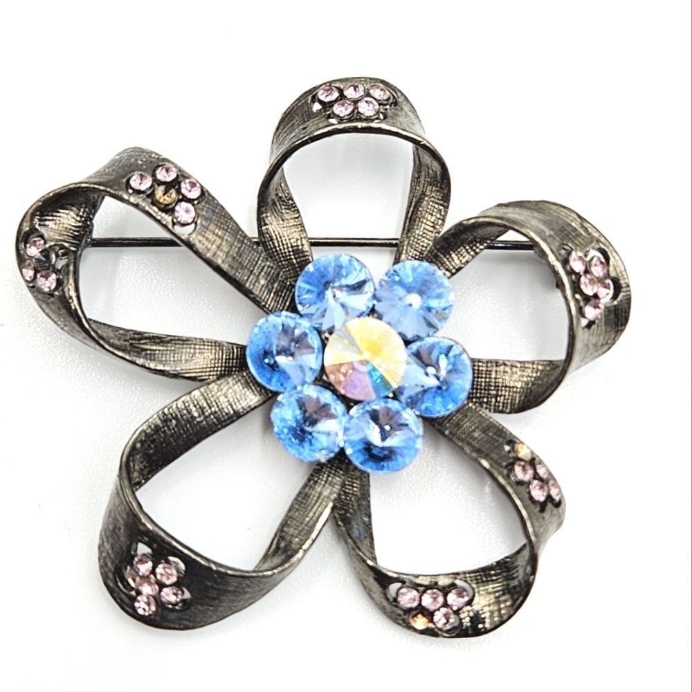 Gunmetal Ribbon with Pink and Blue Rhinestone Flower Pin Brooch
